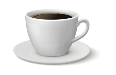 Gerçekçi bir kahve fincanı. Espresso 3D maketi, tabak kenarında beyaz bardak, seramik çanak çömlekte sıcak içecek, sabah kafein aromalı içecek, 3 boyutlu tanıtım elementi çizimi