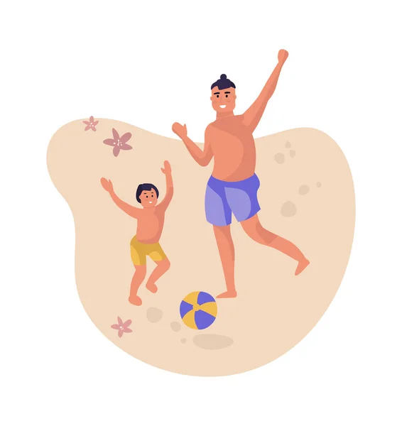 Padre e hijo en la playa. El hombre de dibujos animados y el niño juegan con la pelota en la arena. La gente da la mano. Vacaciones de verano en la orilla del mar. Actividades de ocio o deporte. Reposo familiar, ilustración vectorial — Vector de stock