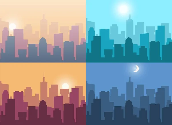 Paisaje urbano. Vista de la ciudad por la noche o al amanecer y atardecer. Paisaje con edificios altos. Panorama urbano por la mañana o noche y por la tarde. Negocios en el centro, ilustración vectorial — Archivo Imágenes Vectoriales