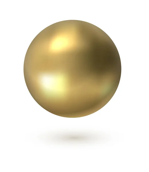 Círculo dourado. Esfera 3D realista. Superfície lisa com efeito de reflexão de luz. Objeto brilhante flutuante e sombra sobre fundo branco. Forma redonda geométrica metálica, modelo de vetor — Vetor de Stock