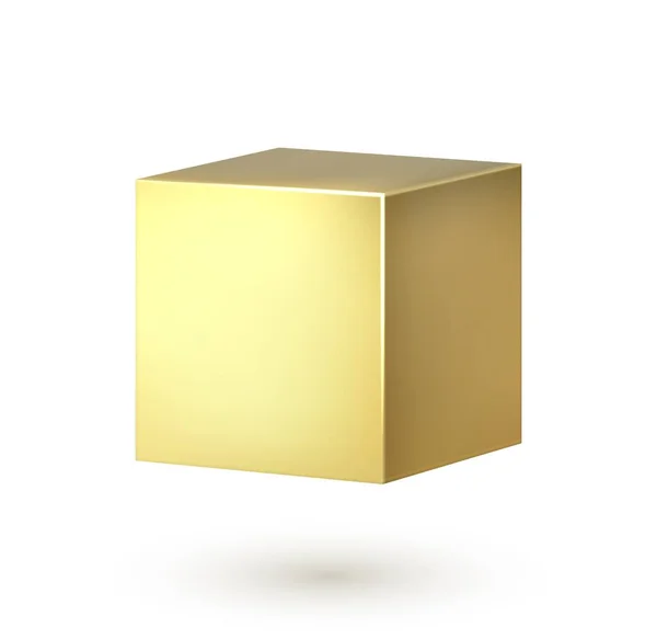 Cubo dourado. Forma quadrada 3d realista. Caixa dourada. Superfície lisa com luz sobreposta e efeito de sombra. Forma geométrica afiada, objeto único no fundo branco, modelo vetorial — Vetor de Stock