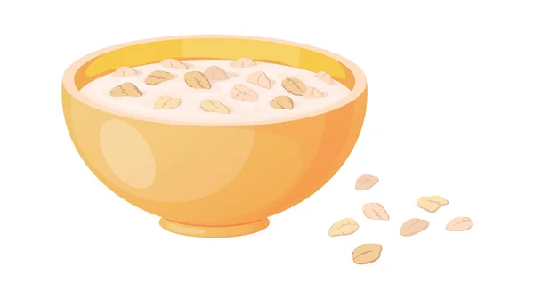 Du porridge. Caricature avec flocons d'avoine ou muesli. Bol d'avoine et flocons éparpillés. Nourriture traditionnelle du matin. Repas pour le petit déjeuner cuisine à partir de céréales. Produits végétaliens, illustration vectorielle — Image vectorielle