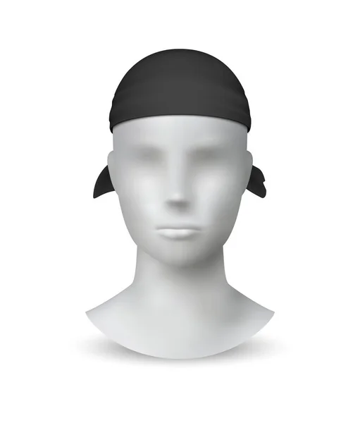 Bandana noir réaliste. Coiffure textile sur mannequin minimaliste blanc 3D. Accessoire moderne pour la protection de la tête et des cheveux. Une façon de porter du mouchoir. Écharpe en coton, illustration vectorielle — Image vectorielle