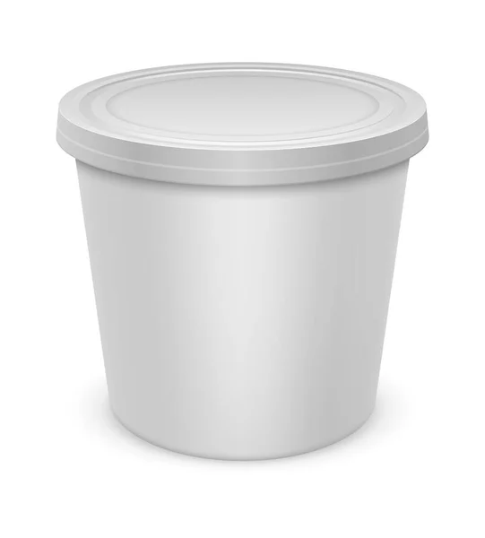 Joghurt tartály. Realisztikus fehér üres csomag mockup, műanyag csomagolás zárt sapkával, kerek doboz oldalnézet, closeup sablon marketing termék branding, 3D vektor illusztráció — Stock Vector