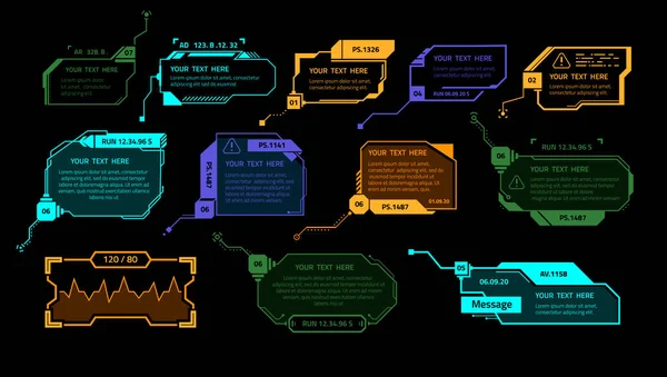 Elementos del juego HUD. Diseño de elementos de interfaz futuristas luminiscentes, cajas de llamada y diseños de tecnología. Paneles de menú de visualización abstracta vector moderno vr dashboards conjunto aislado — Archivo Imágenes Vectoriales