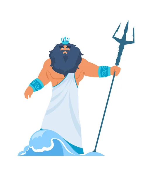 Poseidon veya Neptün. Yunan tanrısı. Toga giymiş sakallı adam ve mızraklı taç. Antik mitolojide su ya da okyanusun efendisi. Olimpik Panteon üyesi. Vector antika dini karakter — Stok Vektör