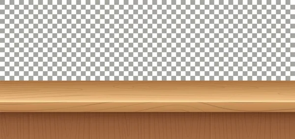 Leerer Holztisch. Seitenansicht auf dem Schreibtisch. Texturierte Oberfläche. Leere Attrappe auf transparentem Hintergrund. Interieur-Elemente, Wohn- oder Büromöbel. Vector Desktop für Produktpräsentation — Stockvektor
