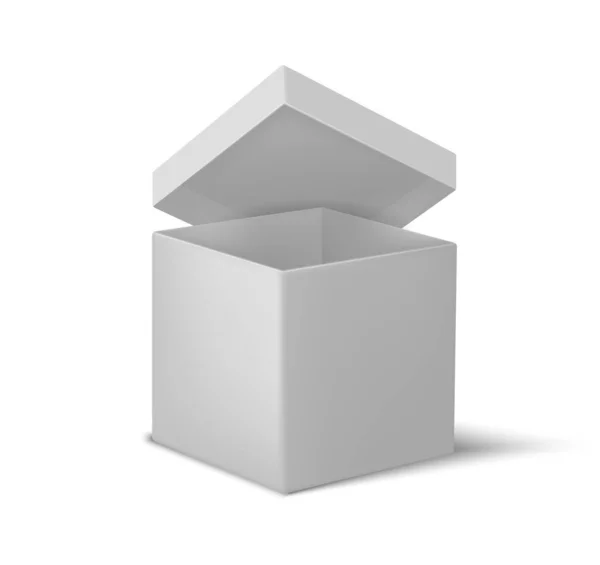 ホワイトオープンボックス。現実的な段ボールキューブ、蓋と影の効果を持つ3D空のコンテナ。鋭いエッジを持つ幾何学的な正方形の形。現在または驚きのパッケージ、ベクトルテンプレートのモックアップ — ストックベクタ