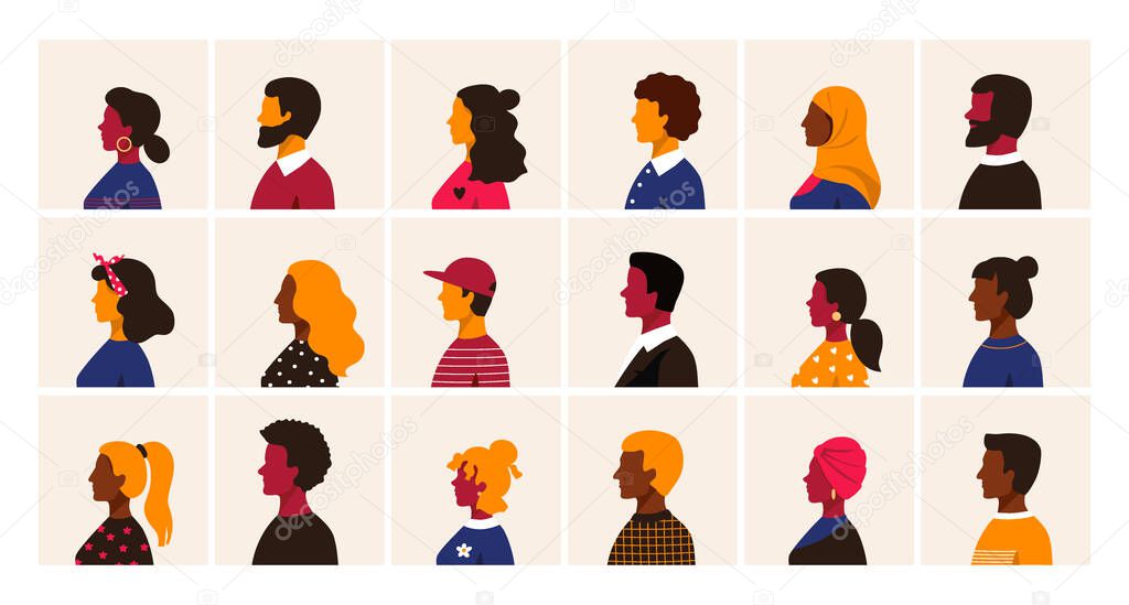 People profile. Cartoon multiethnic man and women character user avatars, trendy minimal person side view collection. Male and female old and young age vector different race simple set