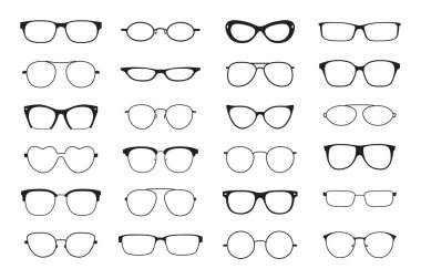 Gözlük silueti. Hipster ineği optik retro çerçeveler. Siyah plastik siluetler. Eski ve çağdaş gözlük, vektör eski ve modern moda gözlükleri izole edilmiş illüstrasyon
