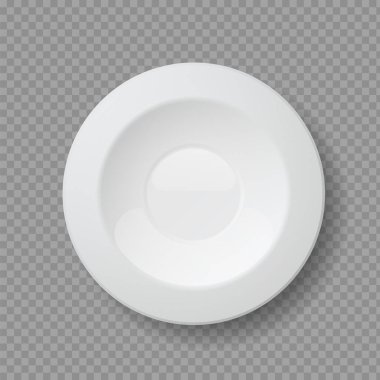 Gerçekçi yemek tabakları. Üç boyutlu beyaz tabak. Şeffaf arkaplanda klasik tablo takımı. Porselen aletlerin en üst görüntüsü. Kafe ve restoran için seramik kase. Vektör ev mutfak eşyaları