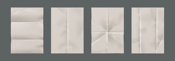 Papier froissé. Pages blanches réalistes avec effet froissé. Feuilles de bloc-notes redressées non remplies avec espace de copie pour l'écriture. Documents avec triple horizontal et vertical, ensemble vectoriel — Image vectorielle