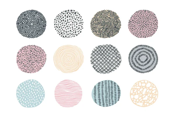 Texture de caniche. Cercles abstraits dessinés à la main avec impression répétée. Formes rondes et gouttes ou traits éléments décoratifs. Contexte minimaliste. Ligne pointillée et éclosion, ensemble vectoriel — Image vectorielle