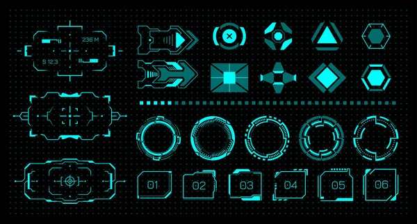 HUD felszerelés. Futurisztikus virtuális játék UI. Neon gombok és keretek. Digitális grafikus hologram elemek a VR menühöz. Látó és kereső. Folyamatjelző betöltése. Vektorinterfész-jelek készlete — Stock Vector