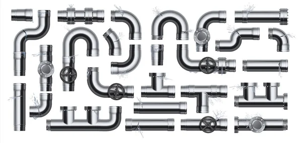 Утечка трубы. Сломанный металлический дренажный трубопровод. Дефектные детали труб из нержавеющей стали с клапанами и соединениями. Проблемы с трубами, капающая вода. Конструкция трубопровода, векторный набор — стоковый вектор