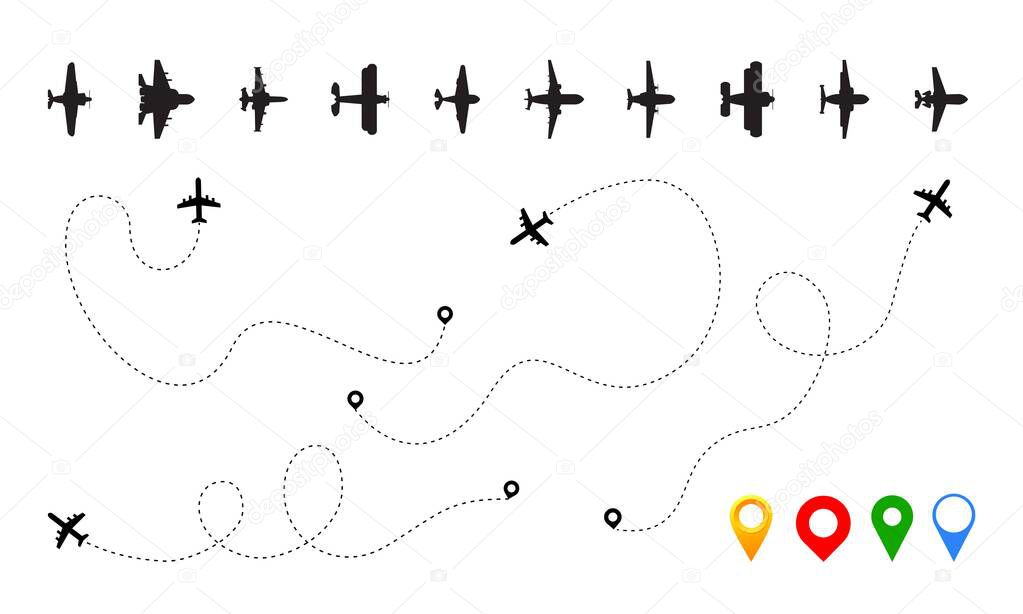 Airplane path. Plane silhouettes with route. Aircraft tracking. Outlines of civil and military aircraft. Modern and historical air vehicles. Location signs. Traffic tracks, vector set