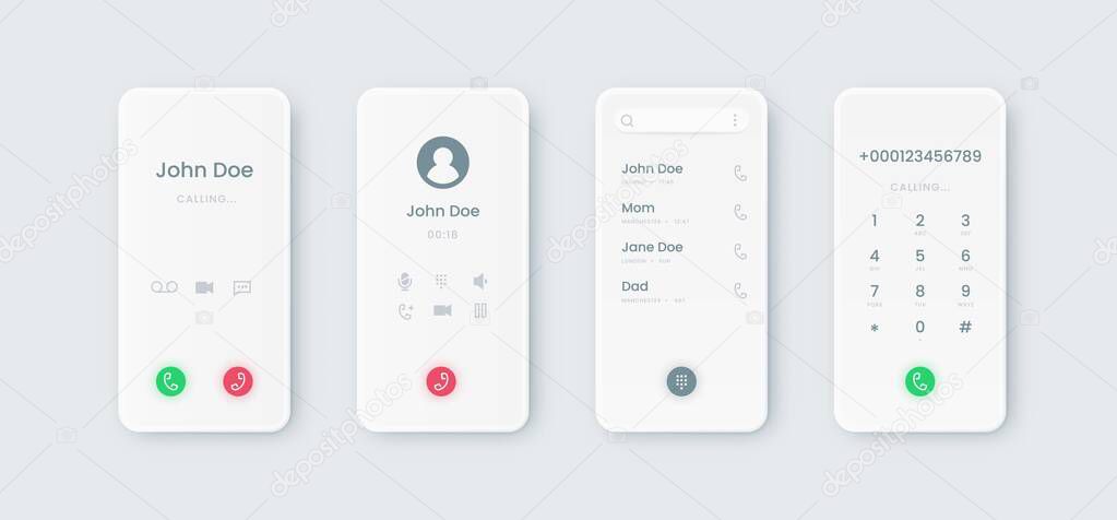 Phone call UI. Incoming touchscreen interface mockup with dial. Communication smartphone application display with phone book and numbers or buttons. Mobile screens templates, vector set