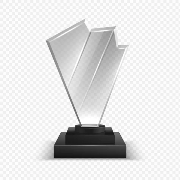 Transparante trofeeën. Realistische 3D kampioenschap award. Blanco glazen kristallen beloning met kopieerruimte. Winnaar prijs voor creatieve en wetenschappelijke wedstrijden of sport games, vector template — Stockvector
