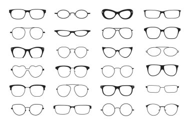 Gözlük silueti. Hipster ineği optik retro çerçeveler. Siyah plastik siluetler. Eski ve çağdaş gözlük, vektör eski ve modern moda gözlükleri izole edilmiş illüstrasyon