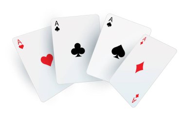 Poker oynuyorum. Asların gerçekçi bir hayranıyım. Kare beyaz kartonlar. Siyah ve kırmızı işaretler. Kumarhane ekipmanları. Kumarda kombinasyon. Riskli oyunlar ve bahis, vektör illüstrasyonu