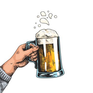 Ellerinde bira kupaları olan eller. Pub camlı renkli bir poster. İnsanların elinde köpüklü içeceklerle dolu şeffaf bardaklar var. Alkolik içecek reklamı veya bar menüsü dekorasyonu, vektör illüstrasyonu