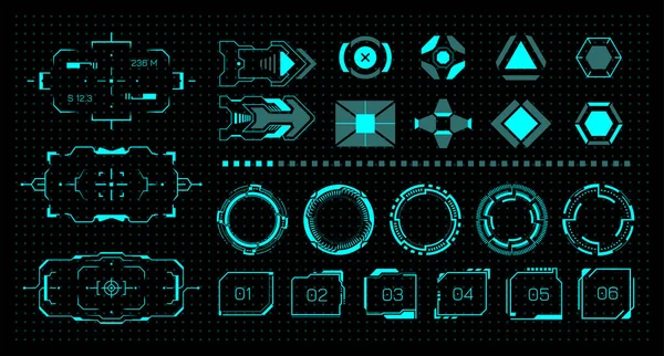 Kit HUD. Futuriste jeu virtuel UI. Boutons et cadres néons. Éléments d'hologramme graphique numérique pour menu VR. Vue et viseur. Indicateur de processus de chargement. Ensemble de signes d'interface vectorielle — Image vectorielle