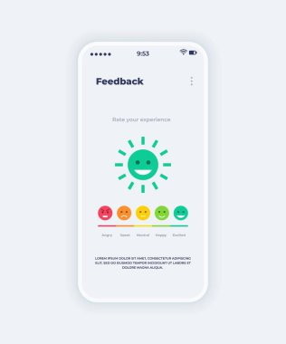 Geri besleme mobil uygulaması. Ekranda duygu simgeleri ve ruh hali derecelendirmesi olan akıllı telefon var. Müşteri değerlendirme başvurusu. Kızgın ve heyecanlı gülücüklerle izole edilmiş arayüz. Vektör UI şablonu