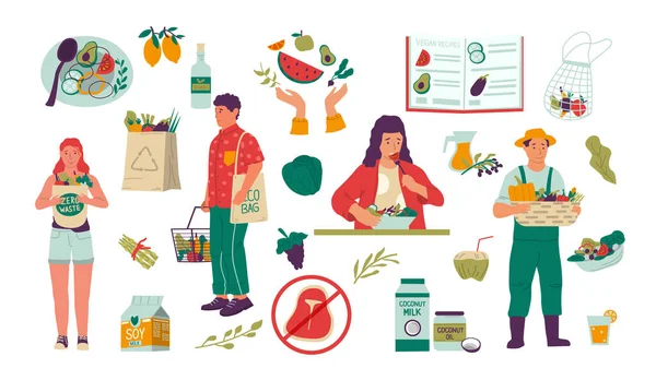 Veganer und Bio-Lebensmittel. Cartoon-Vegetarier mit Öko-Produkten. Kochen und Essen ohne Fleisch. Isolierte Männer und Frauen tragen Mehrwegtaschen oder bauen ökologisches Gemüse an, Vektorset — Stockvektor