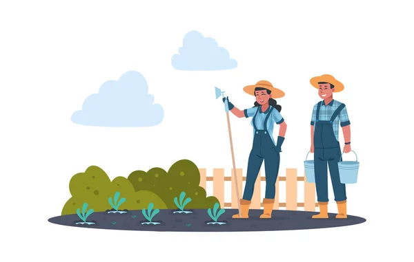Agricultural work. Cartoon farmer characters working in field, harvesting vegetable crops. Rustic family grows edible plants. People holding hoe and metal buckets, vector illustration — Stock Vector