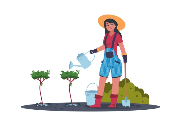 Сільськогосподарська робота. Мультяшна жінка саджає фруктові дерева в саду. Фермер поливає чагарники. Жінка тримає інструменти для садівництва. Ізольована сцена садівничої діяльності, Векторні ілюстрації — стоковий вектор