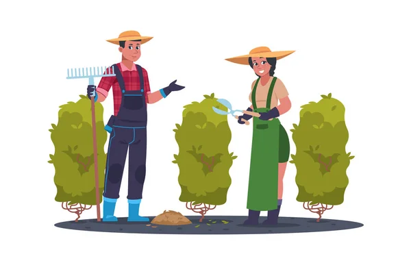 Praca w rolnictwie. Działalność hodowcy kreskówek. Ludzie pracują w ogrodzie. Ogrodnicy zbierają liście z grabiami i przycinają gałęzie nożycami. Mężczyzna i kobieta pielęgnacja roślin, ilustracja wektor — Wektor stockowy
