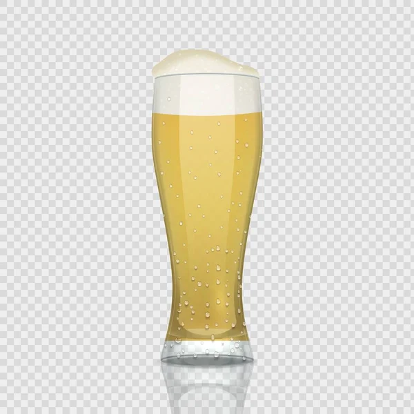 Gelas bir. Cangkir 3D realistis dengan minuman berbusa alkohol. Pint minuman menyegarkan pada latar belakang transparan. Mug dengan tetesan air kondensat. Dekorasi menu pub, templat vektor - Stok Vektor