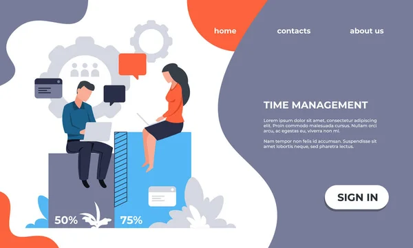 Página de aterrizaje del negocio. Plantilla de interfaz web. Gestión del tiempo y optimización del flujo de trabajo. Servicio web para procesos de trabajo de organización eficaces. Interfaz vectorial con texto y botones — Archivo Imágenes Vectoriales