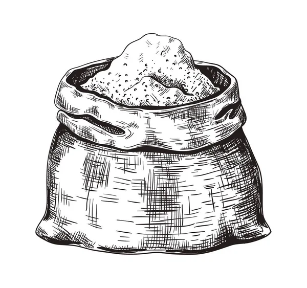 Sacco di zucchero trafilato a mano. Schizzo in bianco e nero di sacchetto grunge da iuta. Stoccaggio di prodotti alimentari sfusi secchi. Raccolta agricola, coltivazione di cereali. Schema monocromatico con tratteggio, illustrazione vettoriale — Vettoriale Stock