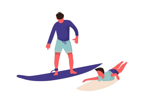 Gente en la playa. Hombres de dibujos animados surfeando. Lindos personajes nadando junto con tabla de surf. Activo pasatiempo y deporte acuático. Jóvenes machos descansando en la orilla del mar, ilustración vectorial — Vector de stock