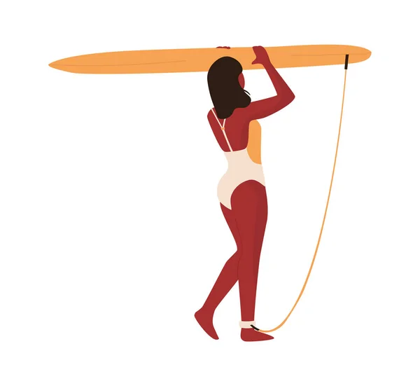 Gente in spiaggia. Cartoon donna porta tavola da surf sopra la testa. Giovane donna isolata in costume da bagno. Surfista a piedi lungo la riva del mare. Vacanza attiva estiva, illustrazione minimalista vettoriale — Vettoriale Stock