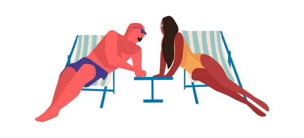 Gente in spiaggia. Uomo e donna dei cartoni animati seduti sui lettini e prendere il sole. Carino personaggi indossano costumi da bagno e occhiali da sole. Passatempo libero in riva al mare, illustrazione minimalista vettoriale — Vettoriale Stock