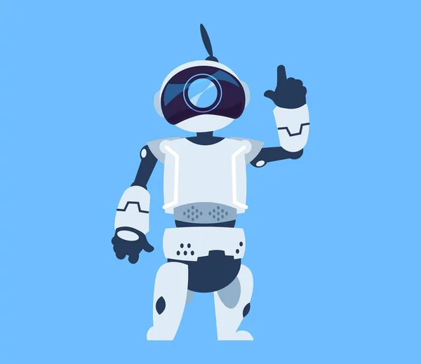 Androide de dibujos animados. Lindo robot agitando la mano. Juguete robótico automático futurista o cyber bot de inteligencia artificial. Tecnologías de innovación. Mascota amistosa aislada, ilustración del vector — Vector de stock