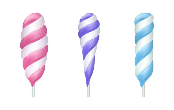 Spirallutscher. Süße Lolli-Bonbons. Swirl bonbon on stick mit streifen in weiß und rosa, violett oder blau. Isolierte Süßwaren, ungesunde zuckerhaltige Lebensmittel, Vektorset — Stockvektor