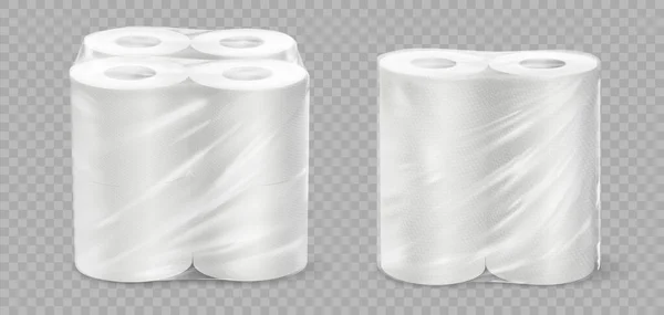 Toalha de papel realista. Rolos de tecido 3D. Fita higiénica descartável texturizada em fundo transparente. Banheiro ou cozinha acessórios absorventes macios em embalagens de celofane, conjunto vetorial — Vetor de Stock