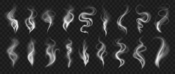 Füsthatás. Reális nyomok a levegőben a párolgástól és az égéstől. Kávé csésze gőz és cigaretta vagy vízipipa. Köd és köd elkülönített gyűjtése átlátszó háttérrel, vektorkészlet — Stock Vector