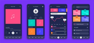 Mobil UI. Gerçekçi akıllı telefon ekranları. Müzikal ve fitness uygulamaları için arayüz tasarımı. Müzik çalar ve spor istatistikleri. Bilgisel ve düğmeli, vektör ayarlı motifleri göster