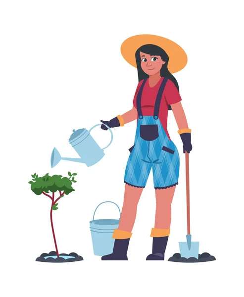 庭で働く女性。漫画の若い女性の植え付けと散水木。シャベルとバケツの庭師。低木の世話をする孤立した農家。成長中の植物、ベクターイラスト — ストックベクタ
