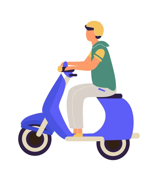 Un homme en moto. Adolescent dessin animé en scooter de conduite de casque. Véhicule électrique urbain. Vue latérale du mâle avec moto. Chauffeur isolé se déplaçant en ville, illustration vectorielle — Image vectorielle