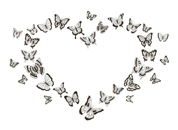 Monochromes Herz der Schmetterlinge. Fliegende Insekten mit detaillierten Flügeln. Vereinzelte schwarz-weiße Tätowierformen. Dekorativer Rahmen für Grußkarten, Vektorillustration mit Kopierraum — Stockvektor