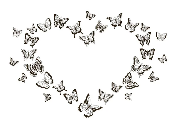 Coeur monochrome de papillons. Insectes volants aux ailes détaillées. Formes isolées de tatouage noir et blanc. Cadre décoratif pour cartes de vœux, illustration vectorielle avec espace de copie — Image vectorielle