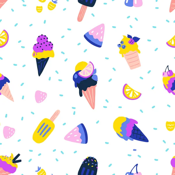 Patrón de helado. Textura perfecta del postre de verano. Bolas de vainilla o chocolate en conos de gofre y jugo congelado. Trozos de frutas y bayas. Plantilla decorativa vectorial para textil — Archivo Imágenes Vectoriales