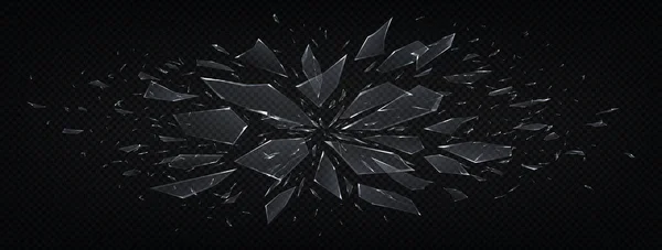 Kırık cam. Gerçekçi soyut parçalanmış cam kırıkları, patlamanın 3 boyutlu etkisi ve siyah üzerine izole edilmiş gerçekçi parlak parçalar. Vektör yatay arkaplanı