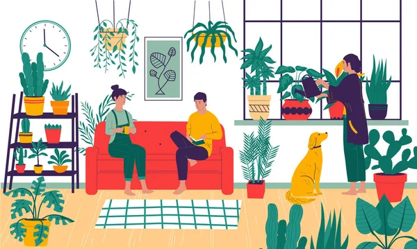 故郷の植物。漫画家はアパートでフィクションを成長させます。鍋に花で飾られた快適な部屋のインテリア。観葉植物の女性の散水と世話、ベクトルイラスト — ストックベクタ