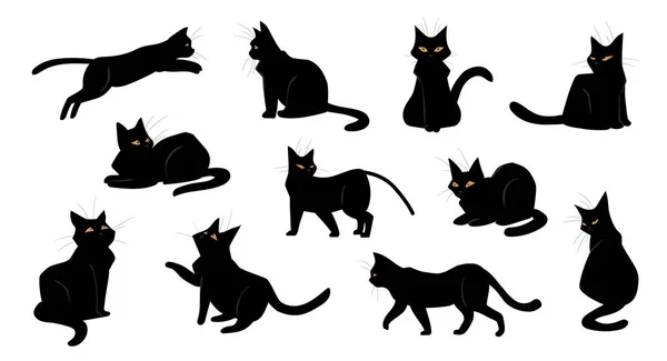 Kucing. Kucing hitam kartun duduk dan berjalan, berdiri atau melompat. Poses kucing main-main. Hewan peliharaan pendek berkembang biak dengan mata kuning. Kumpulan siluet hewan domestik, set vektor - Stok Vektor